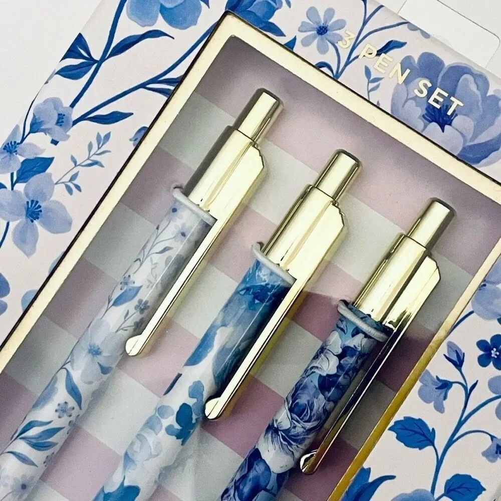 NWT Gorgeous Clementine set of 3 Floral Blue & Gold Pens with Black Ink Gift Set